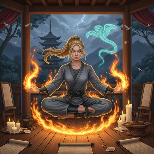 Young Korean-American Woman Meditating in Martial Arts Dojo with Levitation Powers