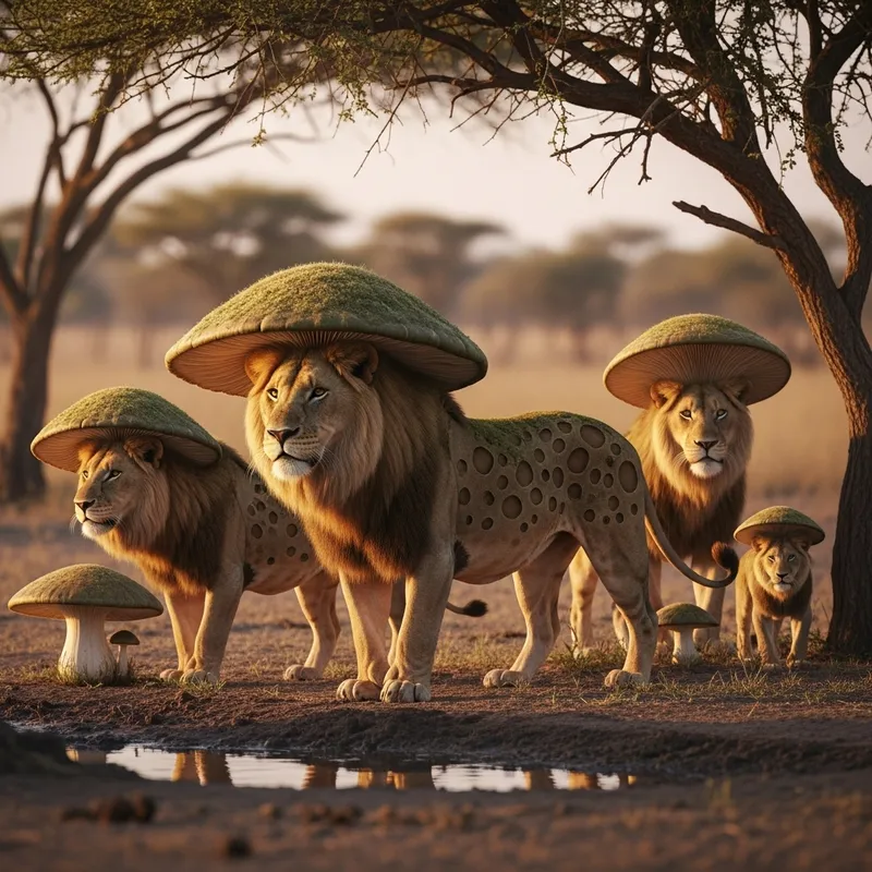 Lions and Mushrooms: A Unique Wildlife Fusion