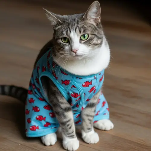 Charcoal Grey & White Cat in Comedic Boxer Shorts | Green-Eyed Feline