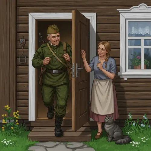 Russian Soldier Returns Home to Wife and Gray Cat - Realistic Scene