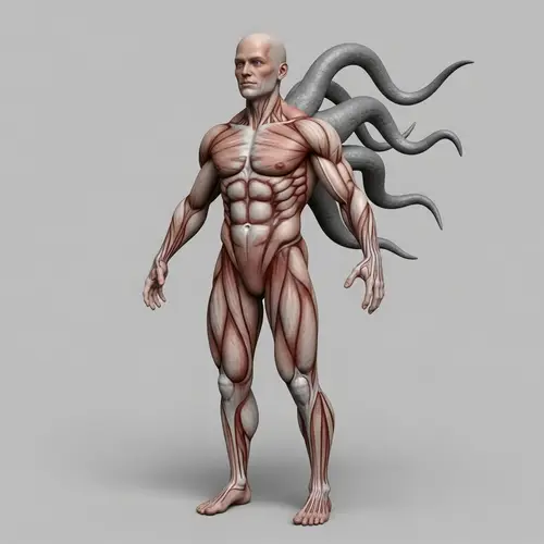 Muscular Humanoid Monster with Gray Tentacle - Realistic Physics