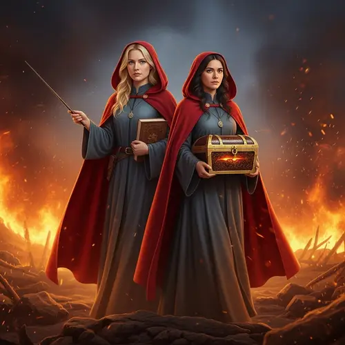 Women in Red Cloaks Amid Chaos: Symbolism of Knowledge and Mystery