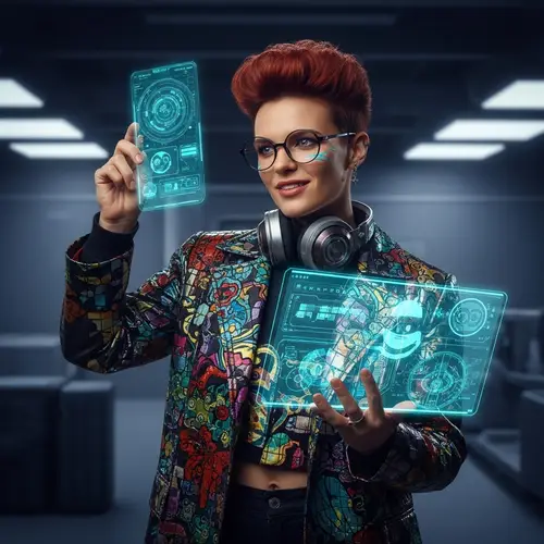 Futuristic Technological Enthusiast with Striking Red Hair