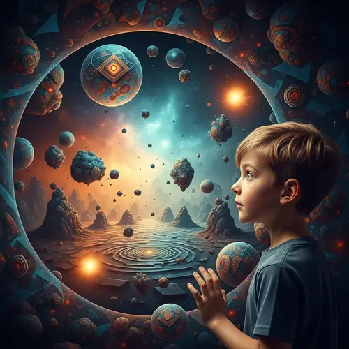 Curious Boy Gazing into Kaleidoscopic Dream World