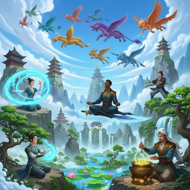 Fantastical Xianxia Scene with Magical Creatures and Cultivators