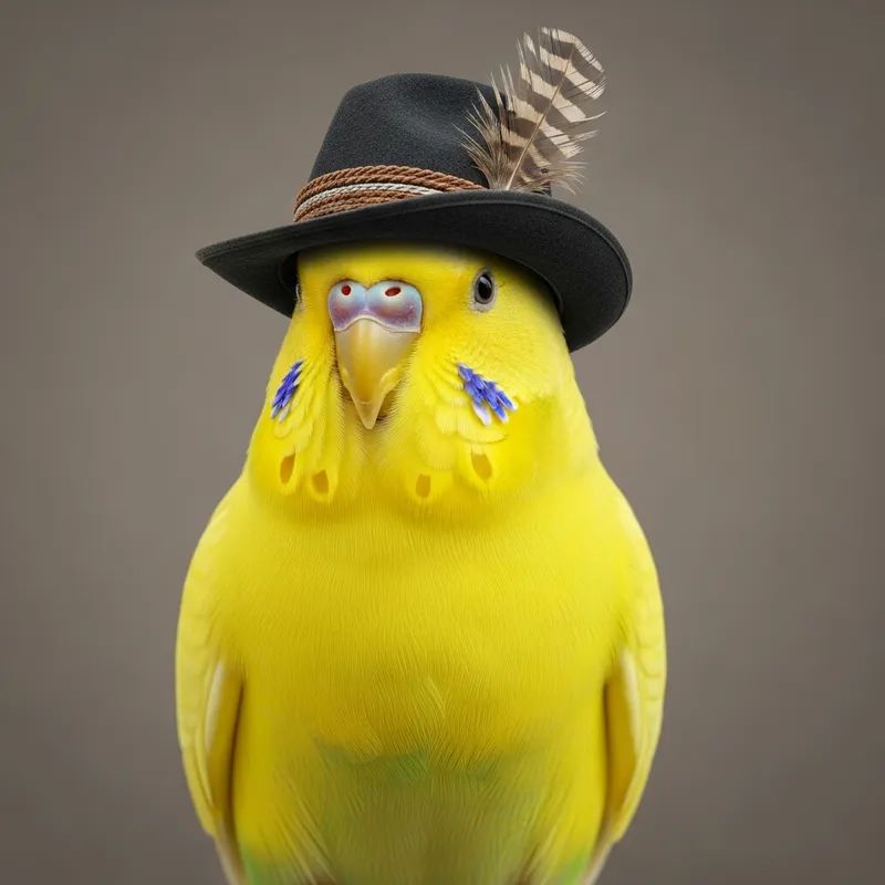 Yellow Realistic Budgerigar in Gentleman's Hat