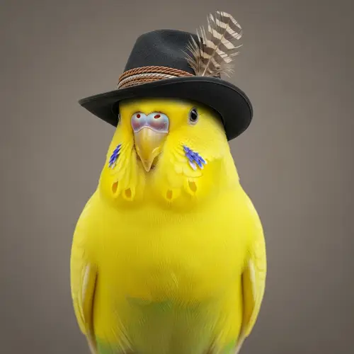 Realistic Budgerigar in Gentleman's Hat | Vibrant Yellow Plumage