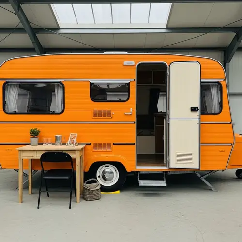 Classic Orange Caravan with Middle Doors Open