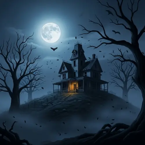 Spooky Abandoned Mansion on Haunted Hill - Eerie Moonlit Scene