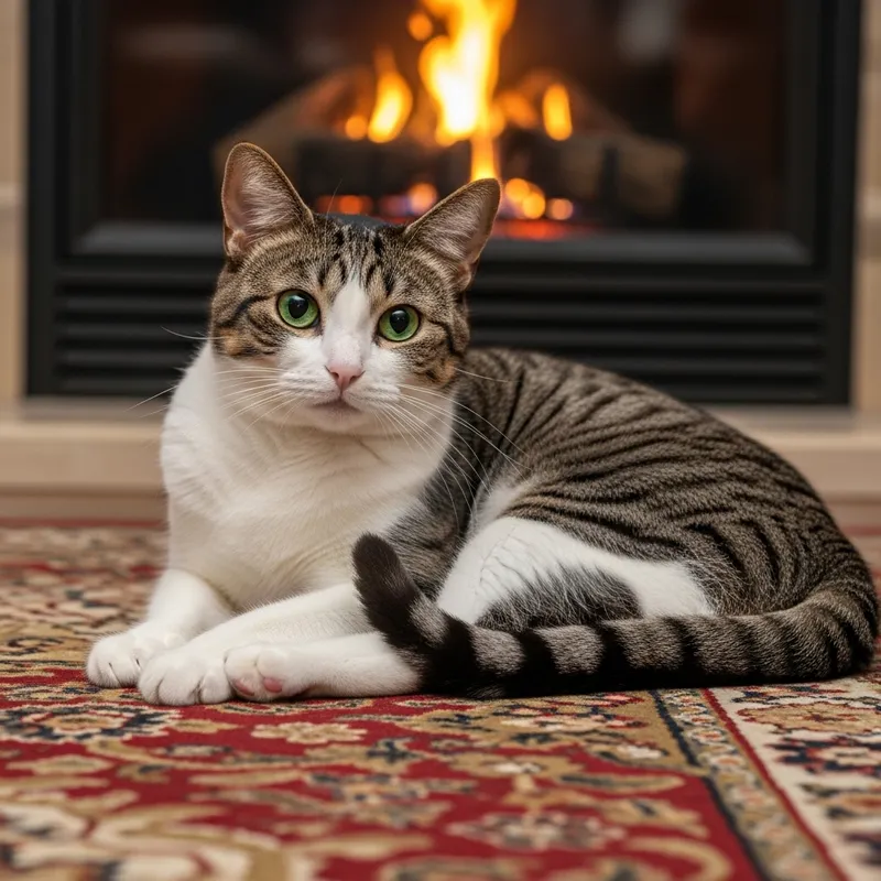 Adorable Cat Resting by Fireplace
