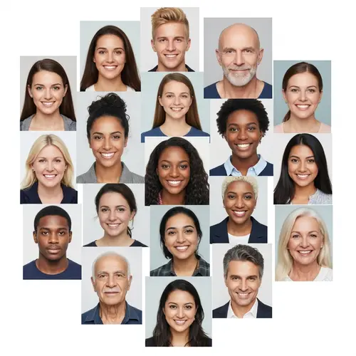 Diverse Passport-Style Collage of Individuals of Varied Ages and Ethnicities