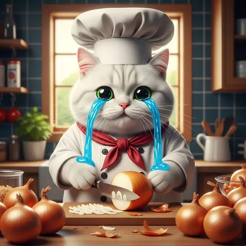 Charming British Cat in Chef Costume Cutting Onions | Realistic Photography