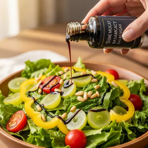 Drizzling Shine Muscat Balsamic Vinegar on Salad