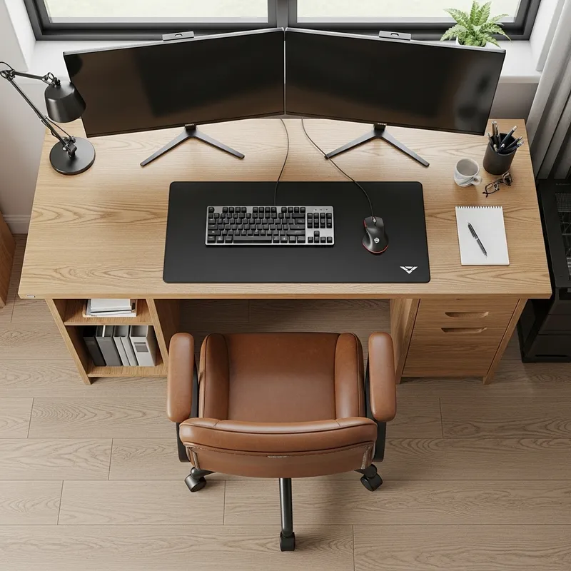 Modern Oak Computer Desk Setup with Dual Monitors and Gaming Mouse Pad Modern Oak Computer Desk Setup with Dual Monitors and Gaming Mouse Pad