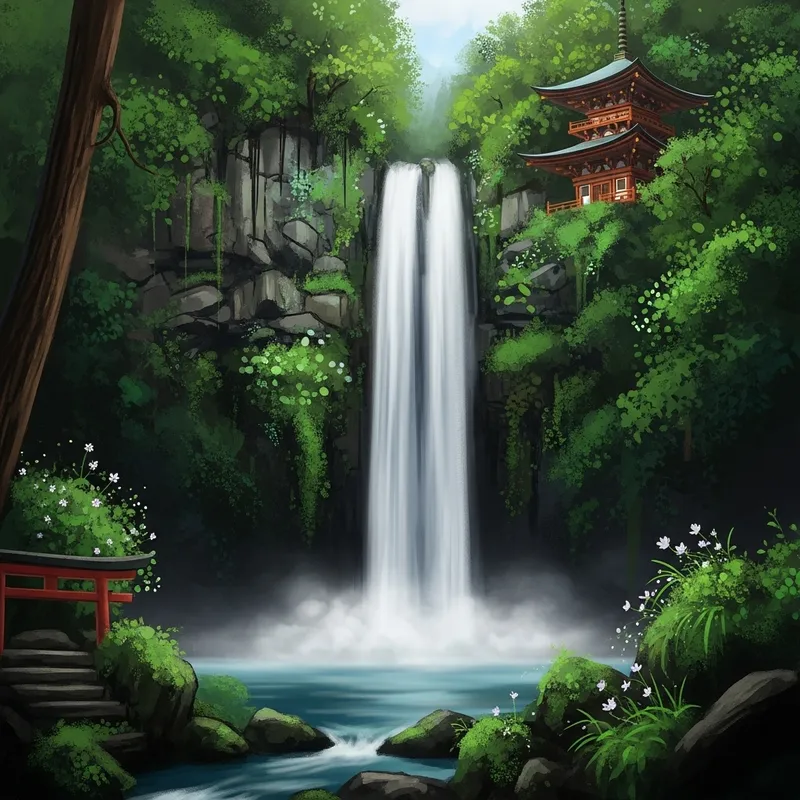 Tranquil Waterfall and Temple Amidst Nature's Serenity