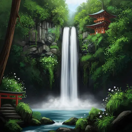Tranquil Waterfall and Temple in Nature's Embrace