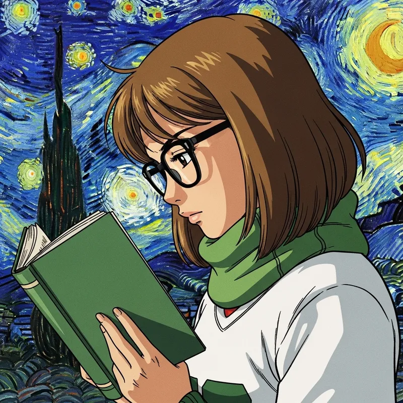 Young Girl in Studio Ghibli Style Reading Green Book