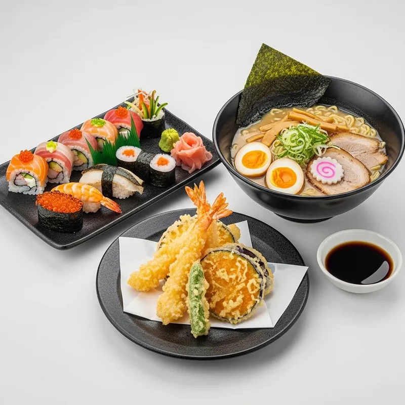 Japanese Flavors: Sushi, Ramen & Tempura in One Stunning Image
