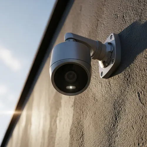 Sleek CCTV Camera Mounted on High Wall - Modern Design