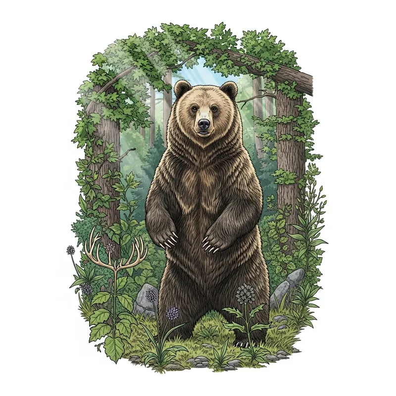 Detailed Grizzly Bear Illustration in Natural Habitat Detailed Grizzly Bear Illustration in Natural Habitat
