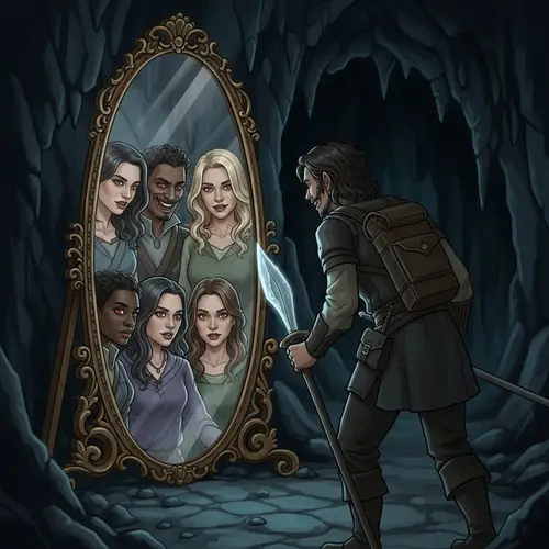 Sinister Reflections: Enchanted Mirror in Dark Cave for Fantasy RPG Adventure