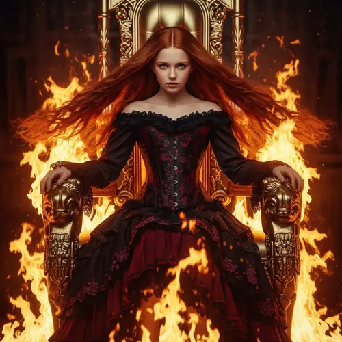 Red-Haired Girl in Corset Dress on Golden Throne Surrounded by Fire