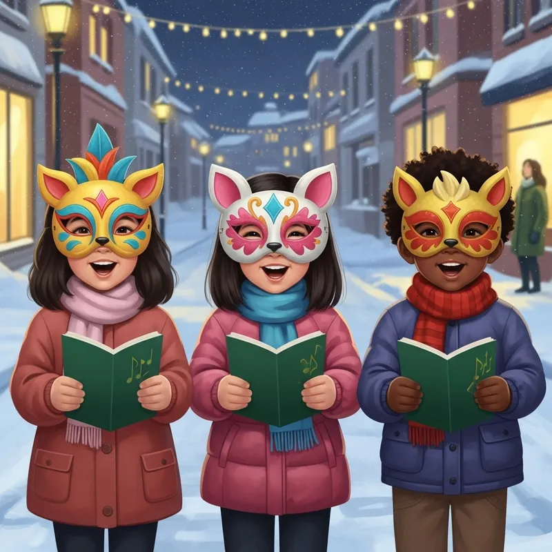 Winter Street Fun: Kids in Carnival Masks Singing Carols