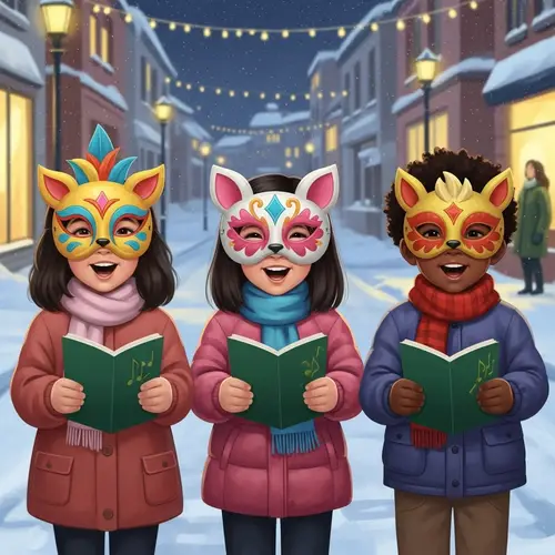 Winter Festivities: Diverse Children Singing Carols on Snowy Street