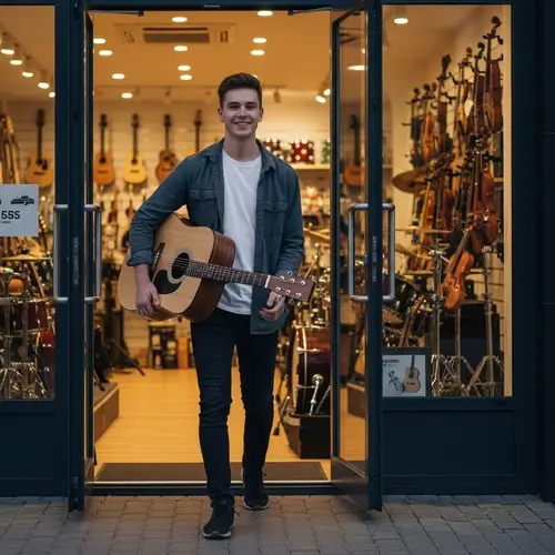 Teenager Excitedly Leaving Music Store with New Guitar