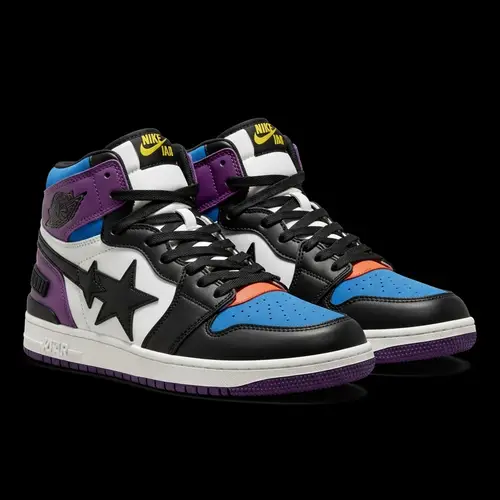 Bold Blue, Purple & Black High-Top Sneakers with Urban Streetwear Style