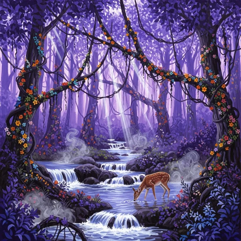 Enchanted Twilight Forest Painting - Mystic Purple Delight