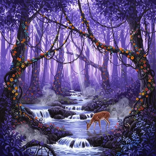 Enchanted Twilight Forest Painting - Shades of Purple & Waterfalls