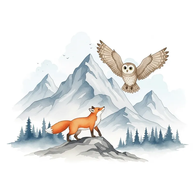 Scandinavian Mountain Range Watercolor with Fox and Owl