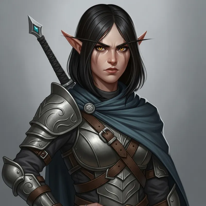 Stern Half-Elf Rogue with Black Hair and Golden Eyes
