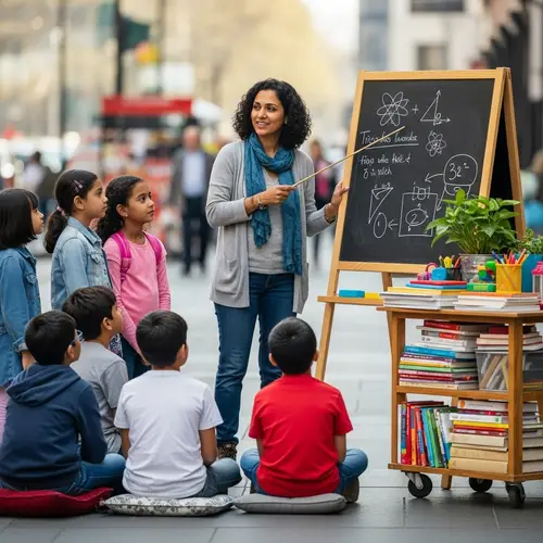 Female South Asian Teacher Teaching Diverse Students Outdoors