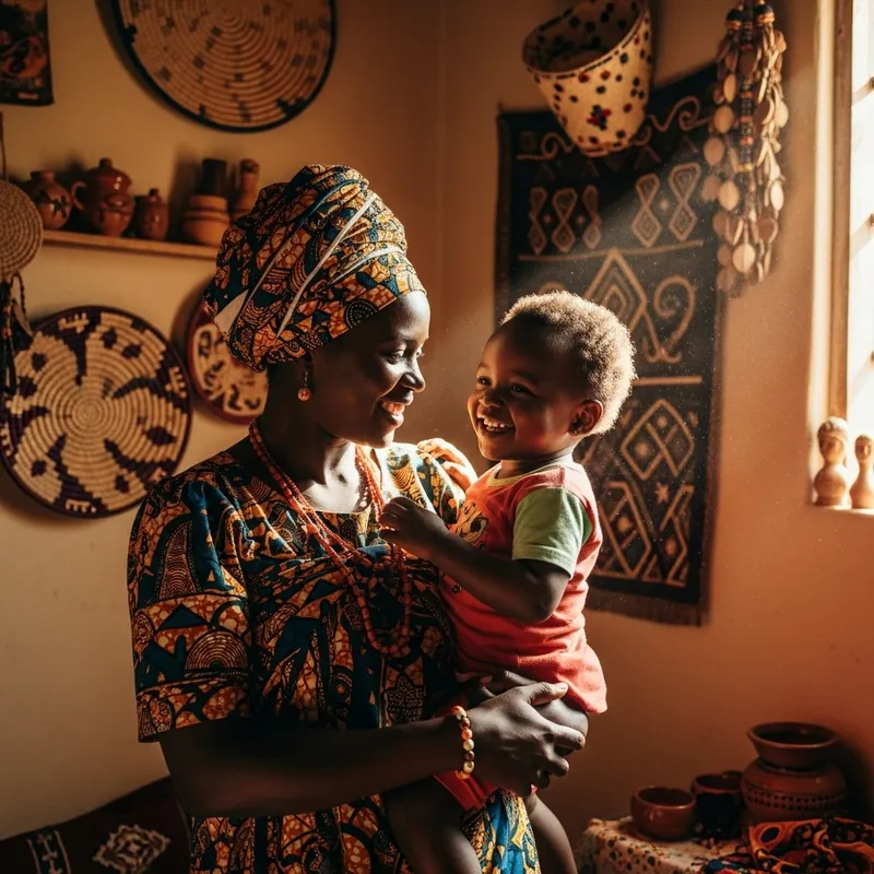 African Parent Graciously Carrying Young Daughter | Cozy Home Joy