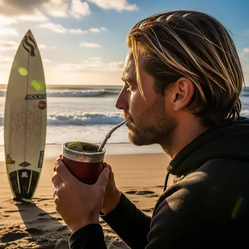 Caucasian Surfer Enjoying Yerba Mate on Beach