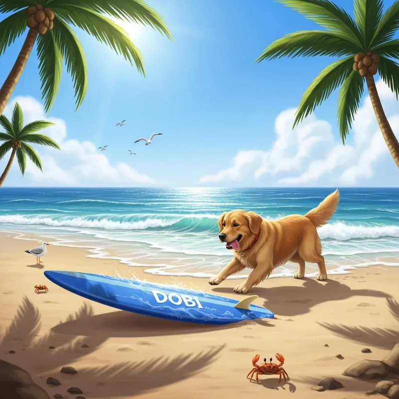 Dobi Playing with Blue Surfboard at Tropical Beach