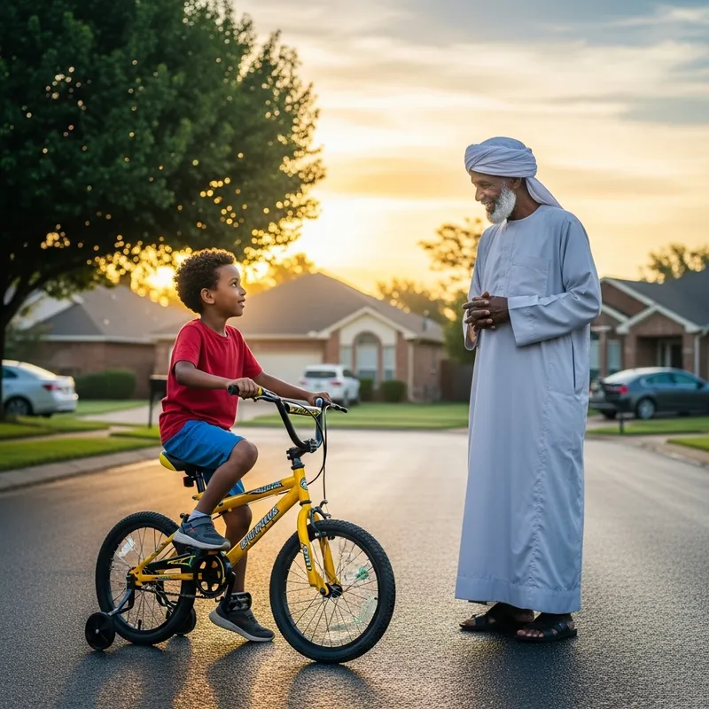 Sudanese 6-Year-Old Boy Riding Bicycle with Traditional Man in Morning Scene