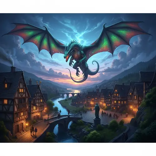 Dragon Flying Over Town - Mystical Encounter
