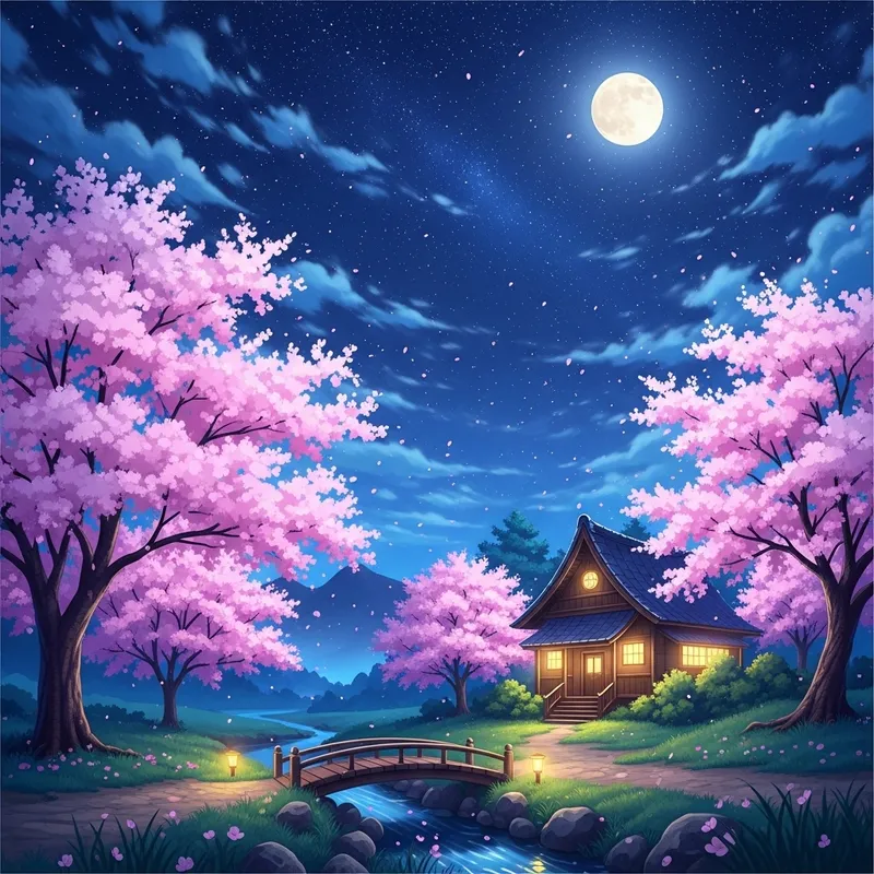Tranquil Anime Night Landscape Wallpaper Design