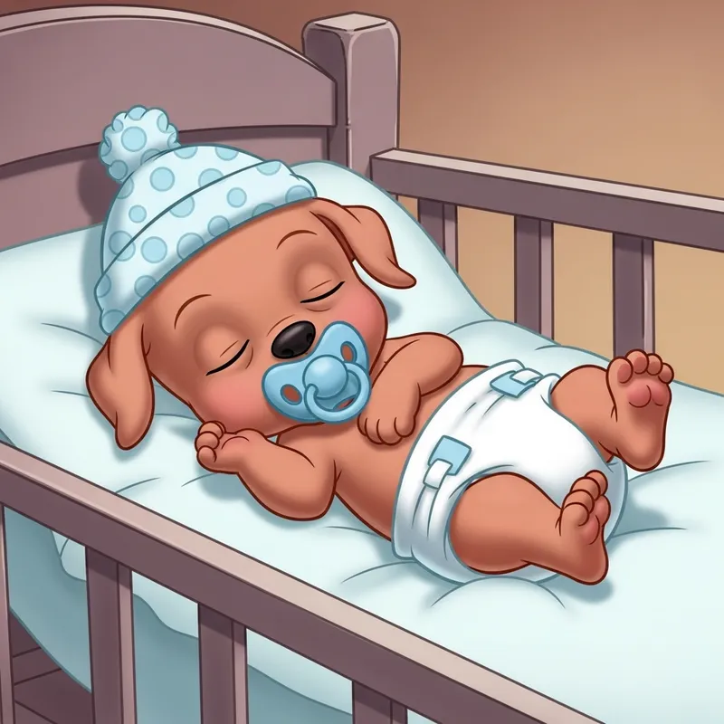 Newborn Puppy in Diapers Sleeping in Crib with Pacifier - Baby Cartoon