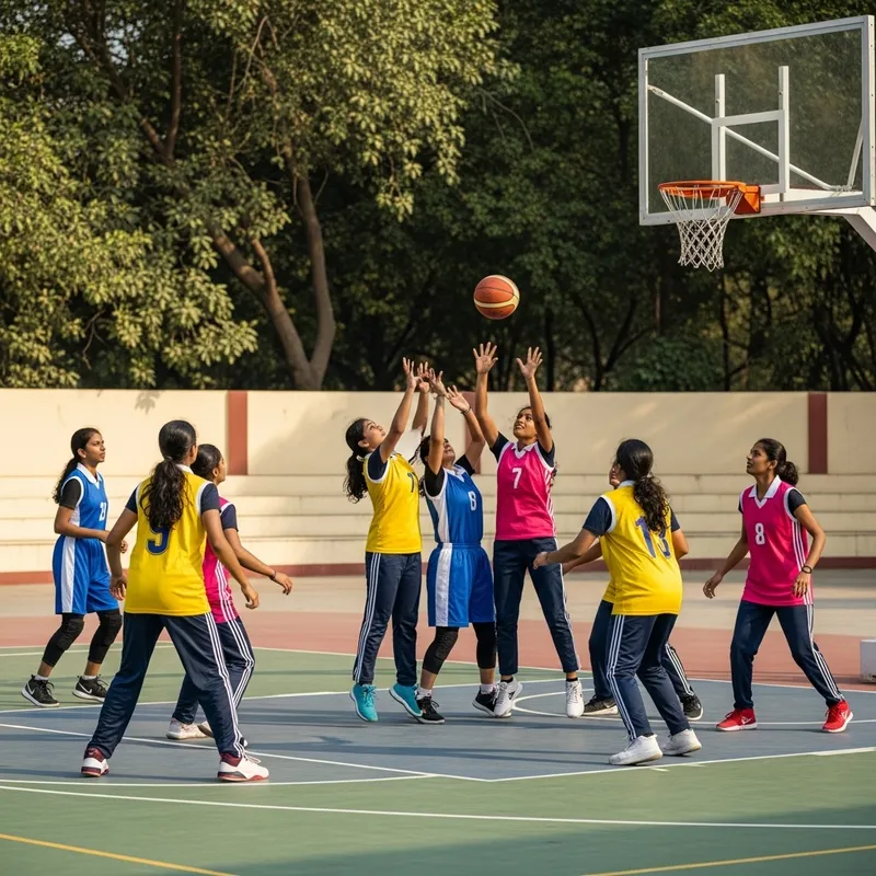 Indian Girls Playing Basketball: Competitive Scene on Court
