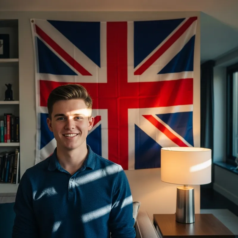 Caucasian Male in Modern Home with British Flag Background