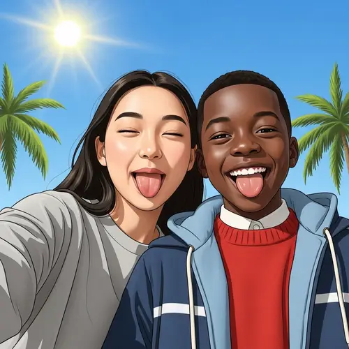 Asian Girl and Black Boy Selfie - Animated Pixar Style