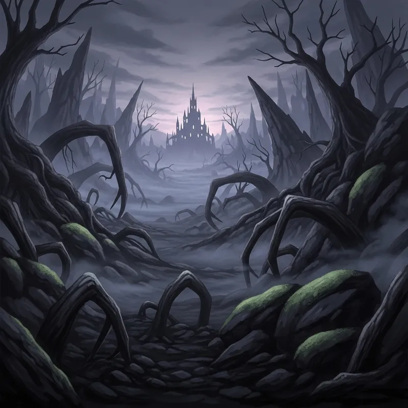 Misty Anime Underworld Scene: Dark, Gloomy, Eerie Misty Anime Underworld Scene: Dark, Gloomy, Eerie