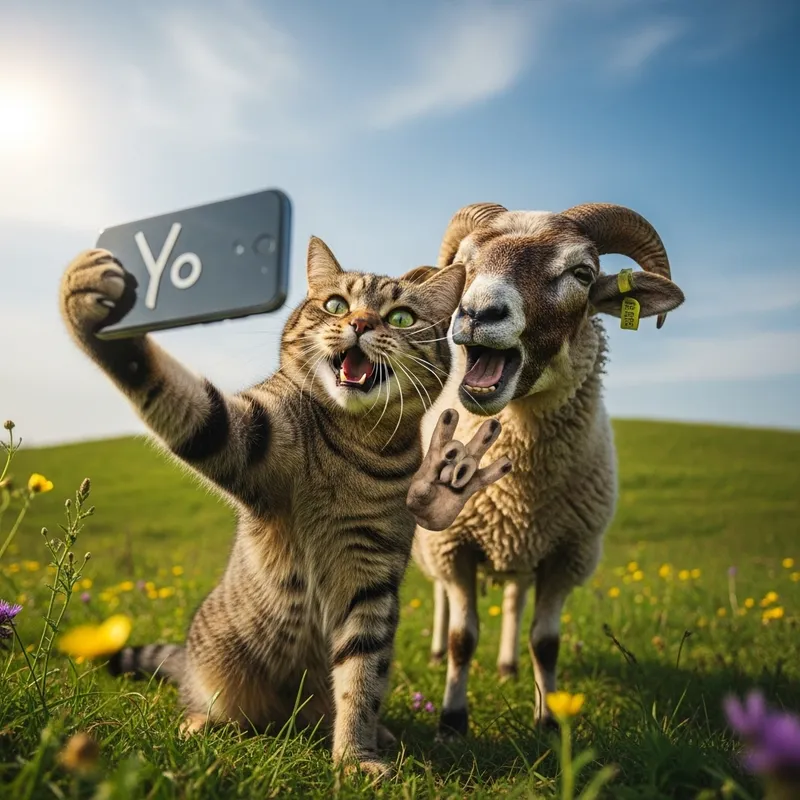 Realistic Cat and Sheep Selfie Outdoors | High Resolution Photography