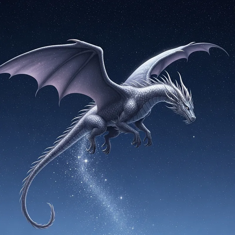 Majestic Dragon Soaring Through Starlit Sky - Birth of Dreams and Imagination
