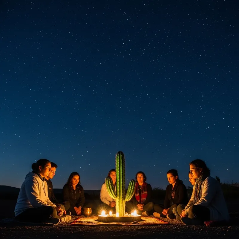 Sacred San Pedro Cactus Ritual under Starry Night Sky - Ethereal Ceremony