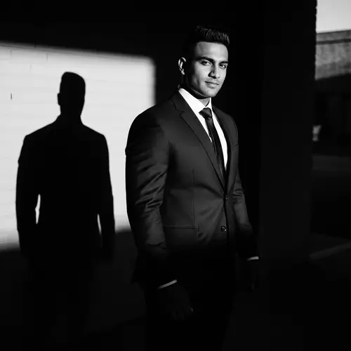 Vintage Film Noir Portrait of a Confident South Asian Young Man in Tailored Suit